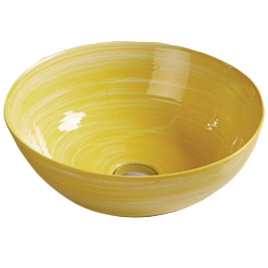 14.09-in. x 14.09-in. Round Bathroom Vessel Sink Yellow Swirl Enamel Glaze