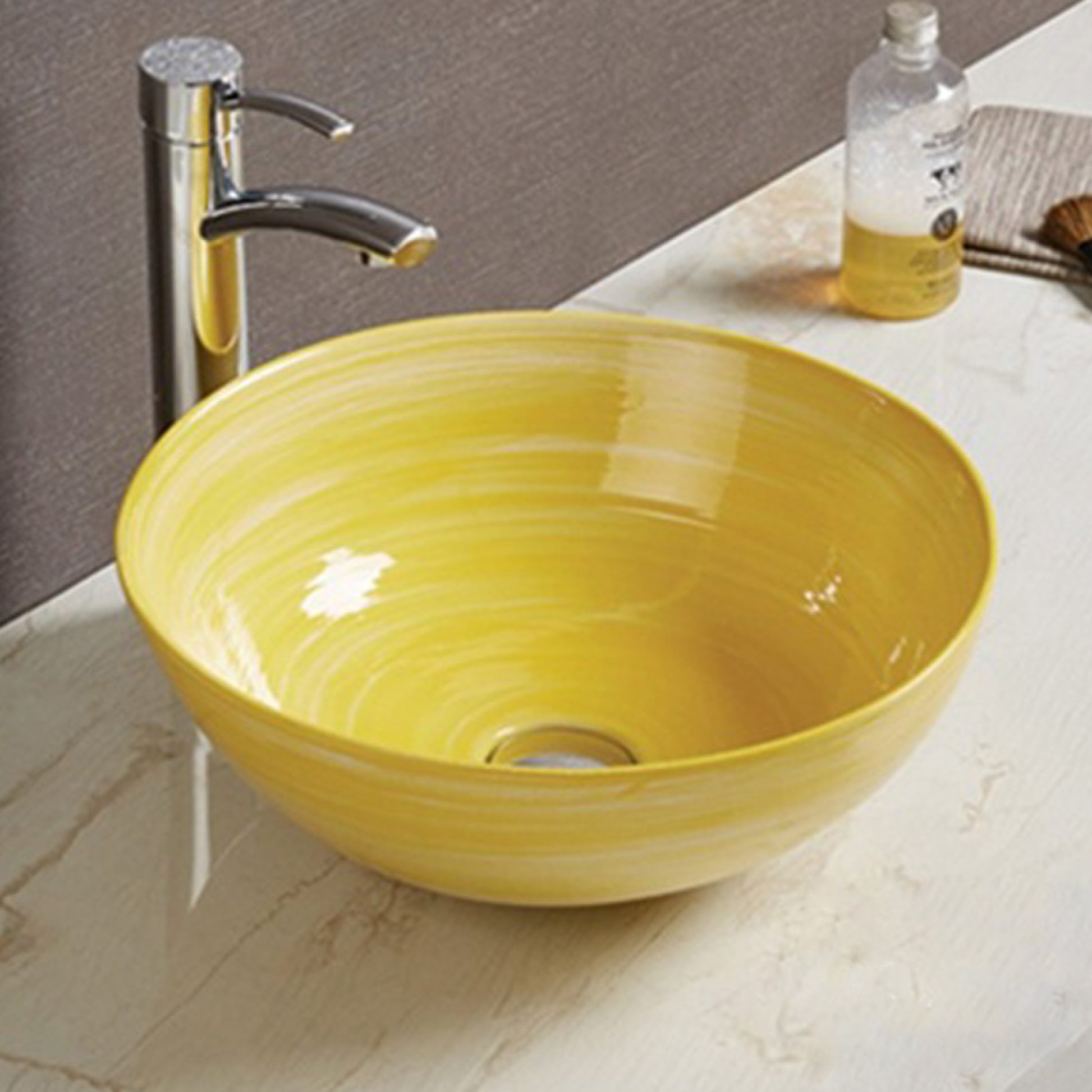 14.09-in. x 14.09-in. Round Bathroom Vessel Sink Yellow Swirl Enamel Glaze