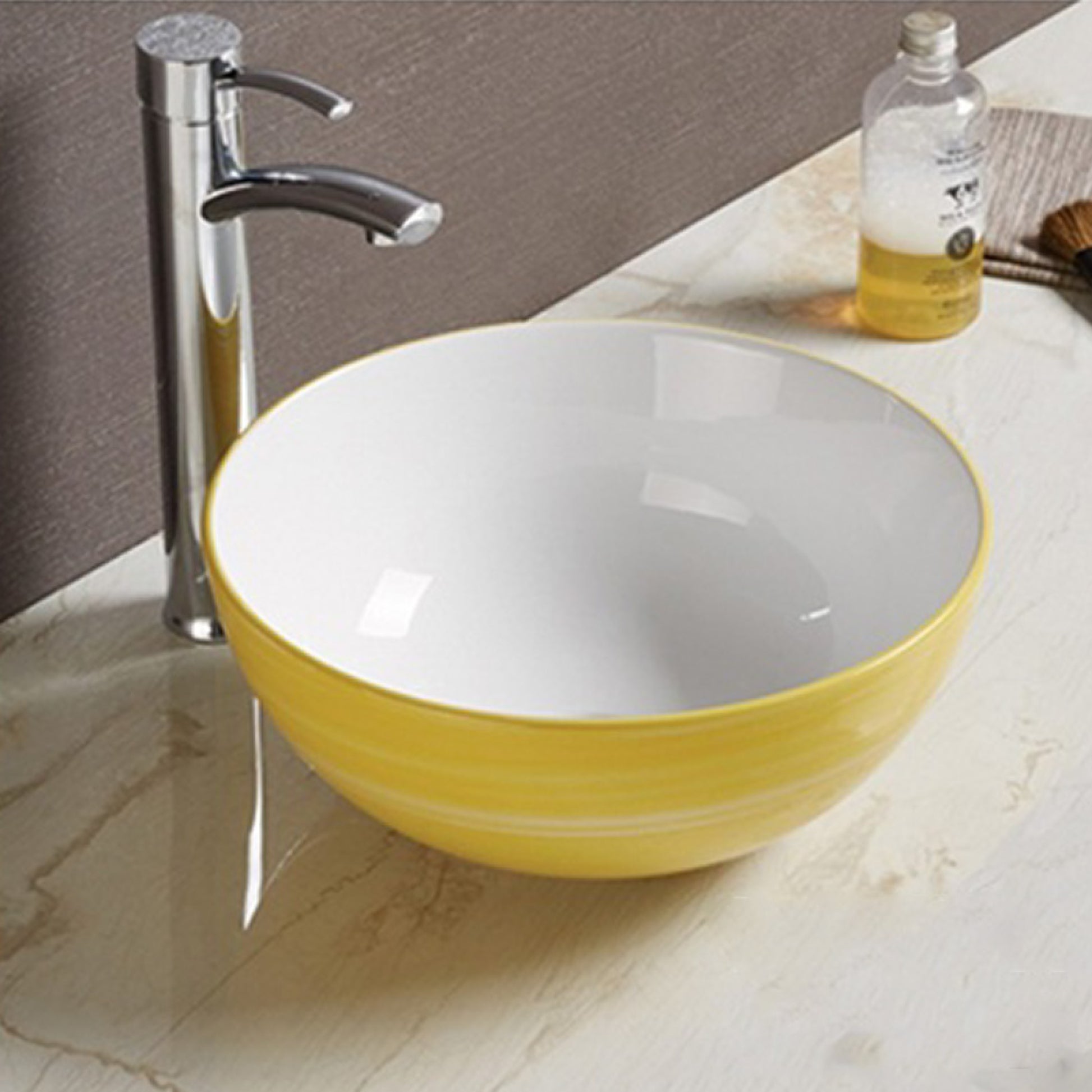 14.09-in. x 14.09-in. Round Bathroom Vessel Sink Yellow Swirl-White Enamel Glaze