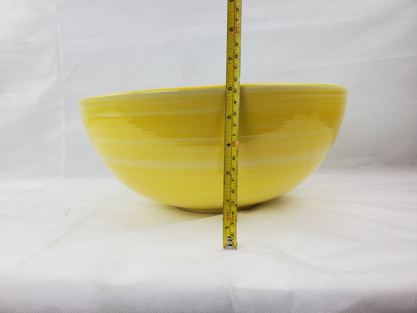 14.09-in. x 14.09-in. Round Bathroom Vessel Sink Yellow Swirl-White Enamel Glaze