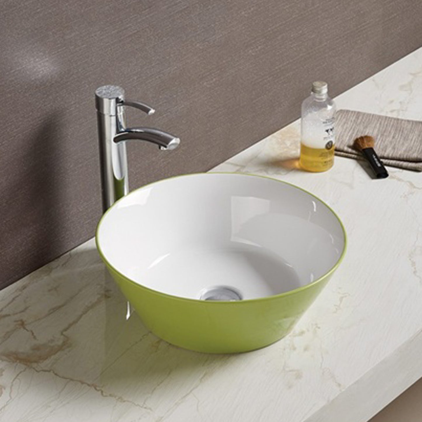 15.9-in. x 15.9-in. Round Bathroom Vessel Sink Olive-White Enamel Glaze
