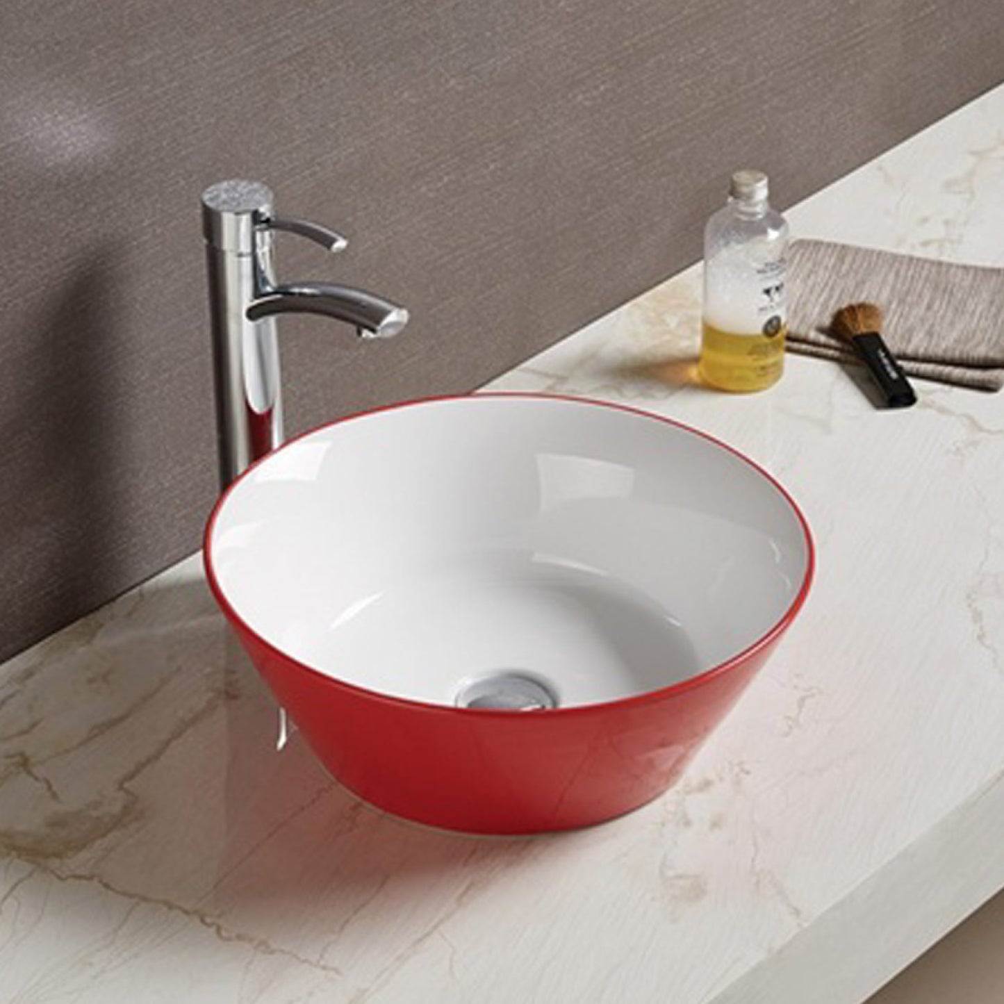 15.9-in. x 15.9-in. Round Bathroom Vessel Sink Red-White Enamel Glaze