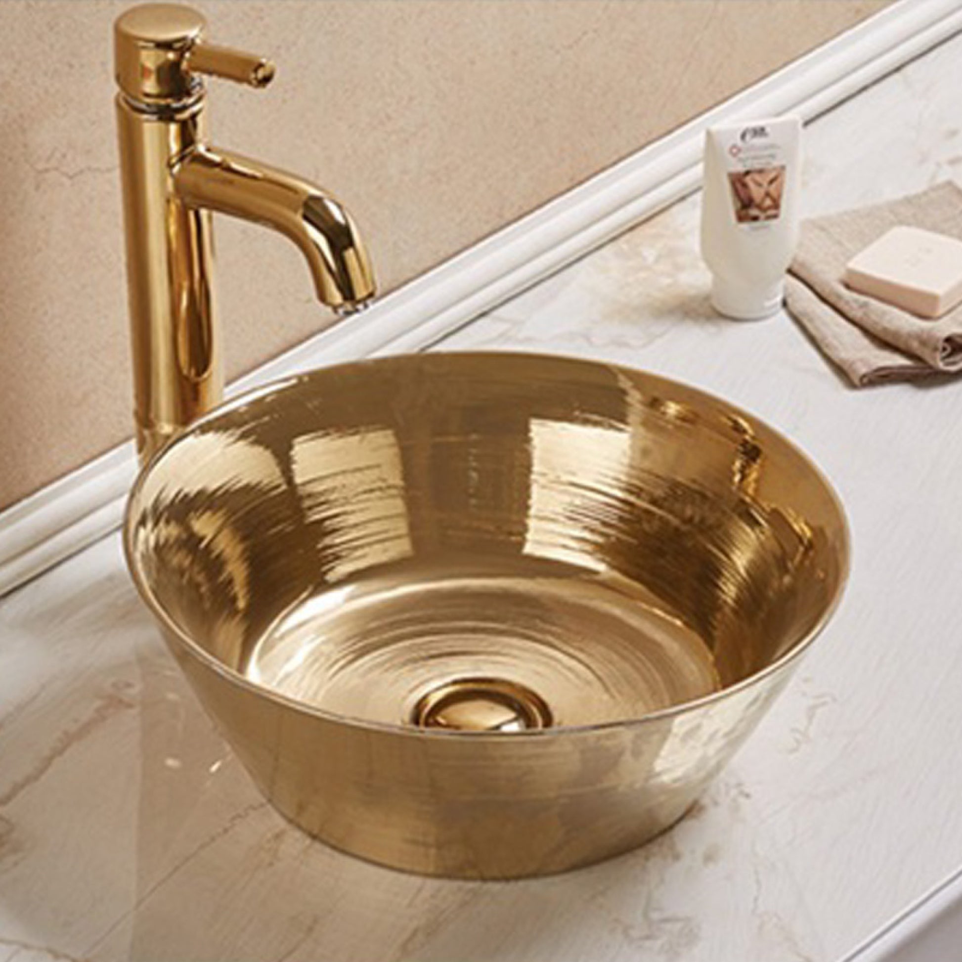 15.94-in. x 15.94-in. Round Bathroom Vessel Sink Gold Enamel Glaze