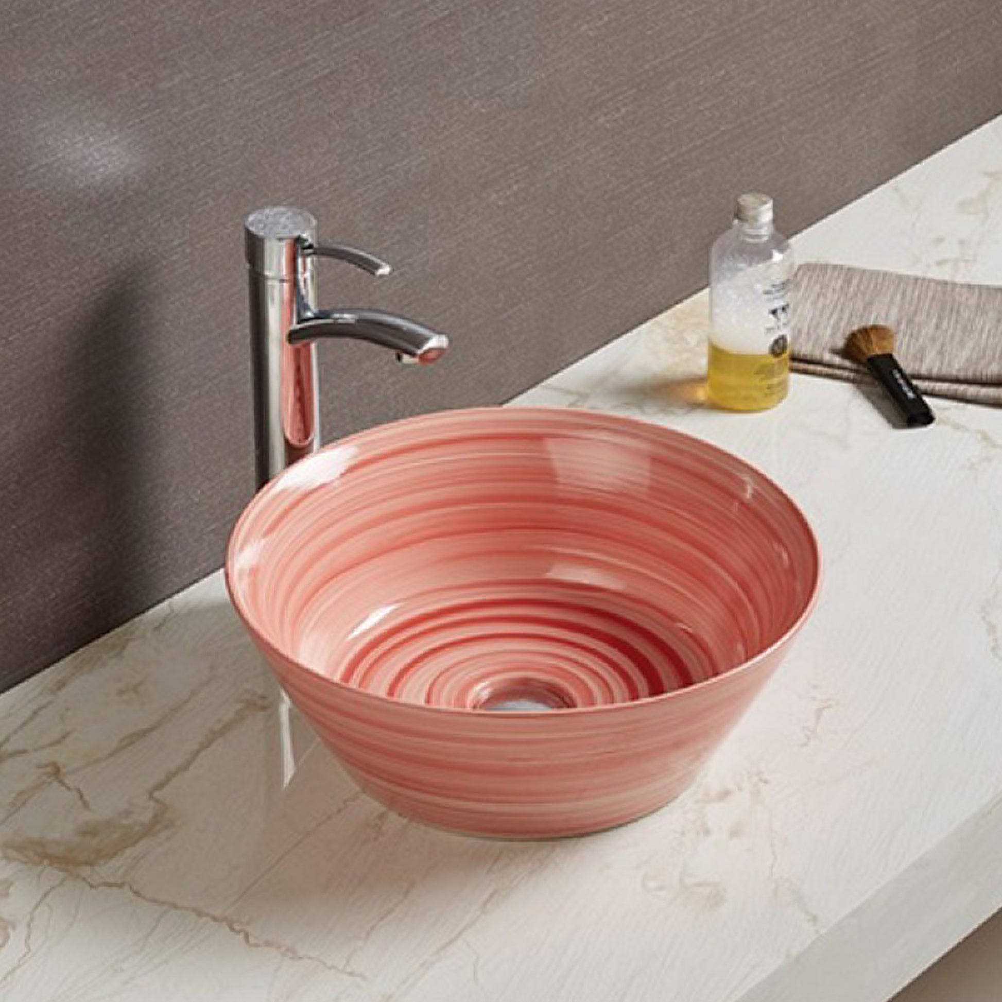 15.94-in. x 15.94-in. Round Bathroom Vessel Sink Red Swirl Enamel Glaze