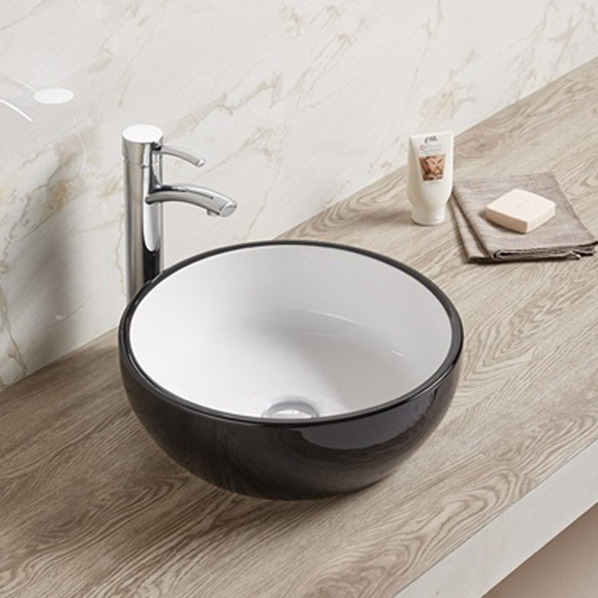 16.14-in. x 16.14-in. Round Bathroom Vessel Sink Black-White Enamel Glaze