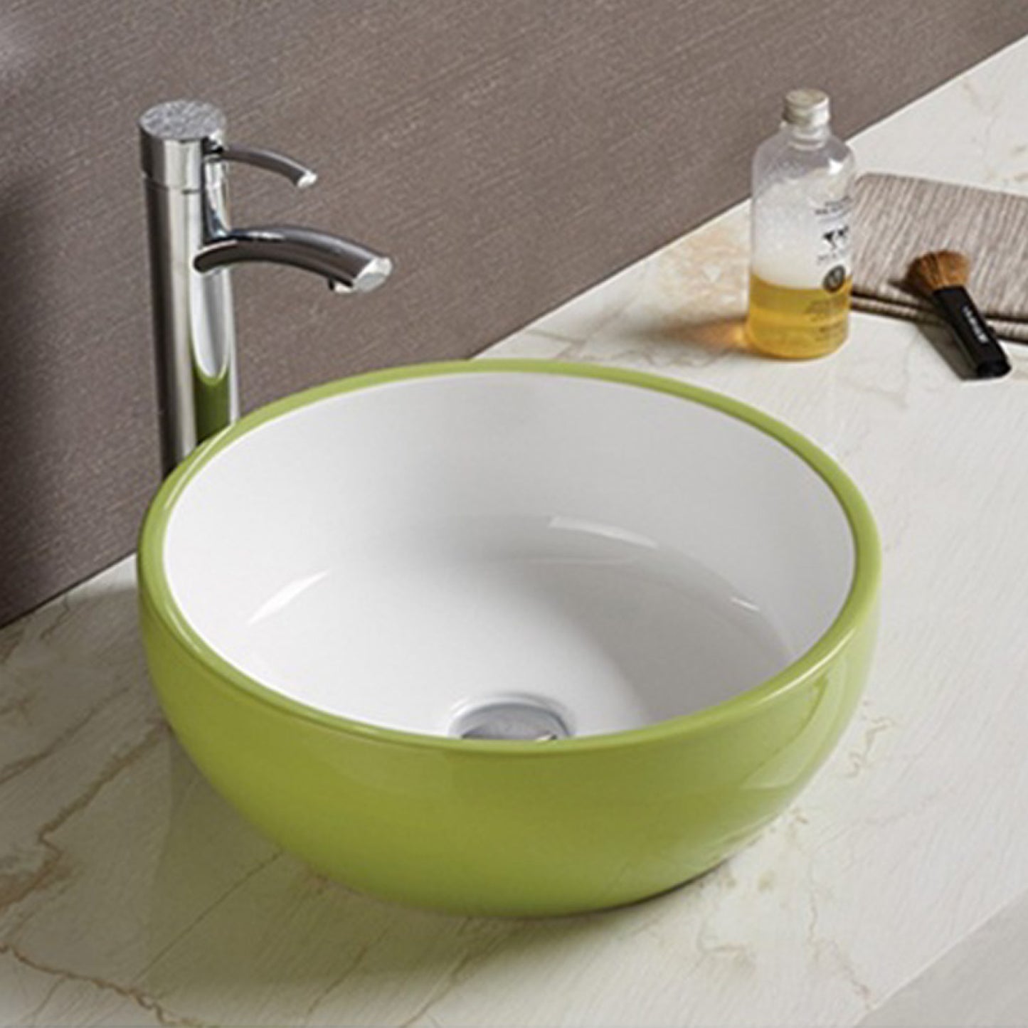 16.14-in. x 16.14-in. Round Bathroom Vessel Sink Olive-White Enamel Glaze