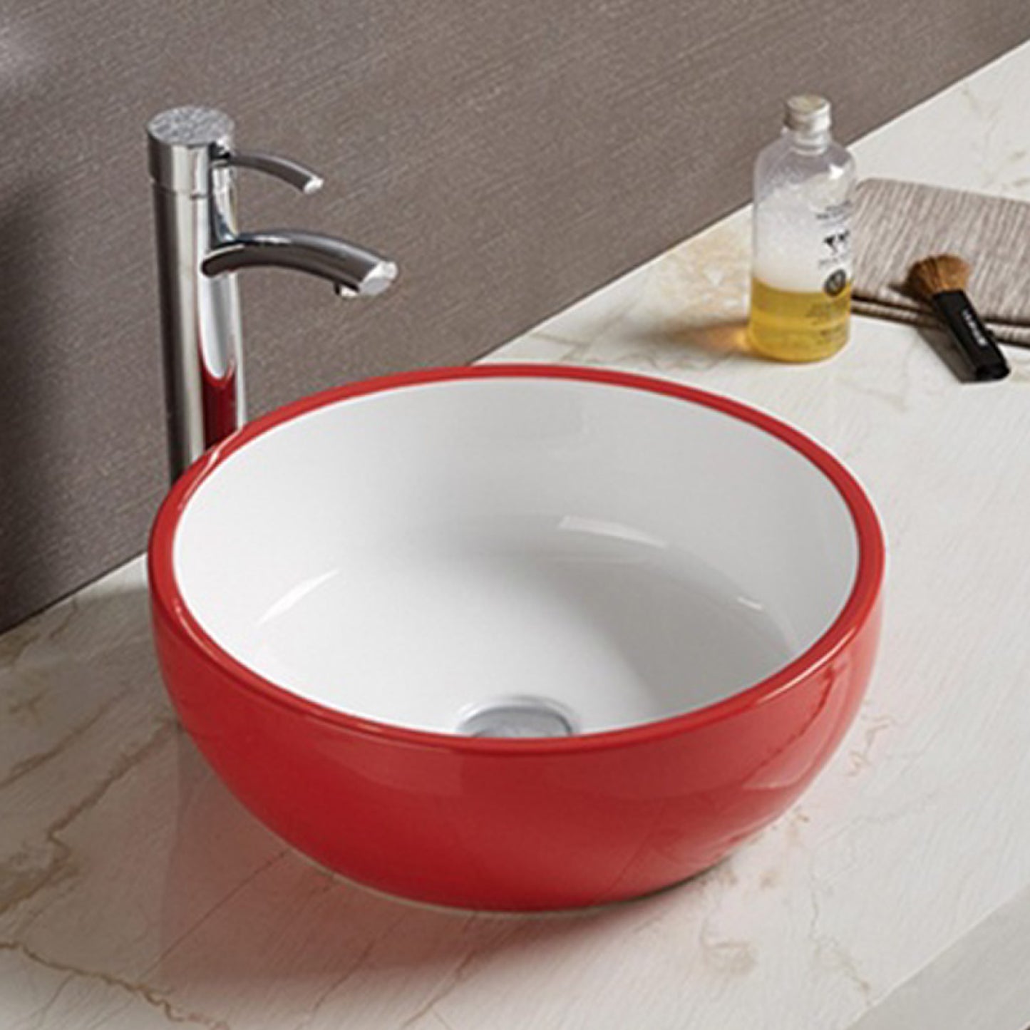 16.14-in. x 16.14-in. Round Bathroom Vessel Sink Red-White Enamel Glaze