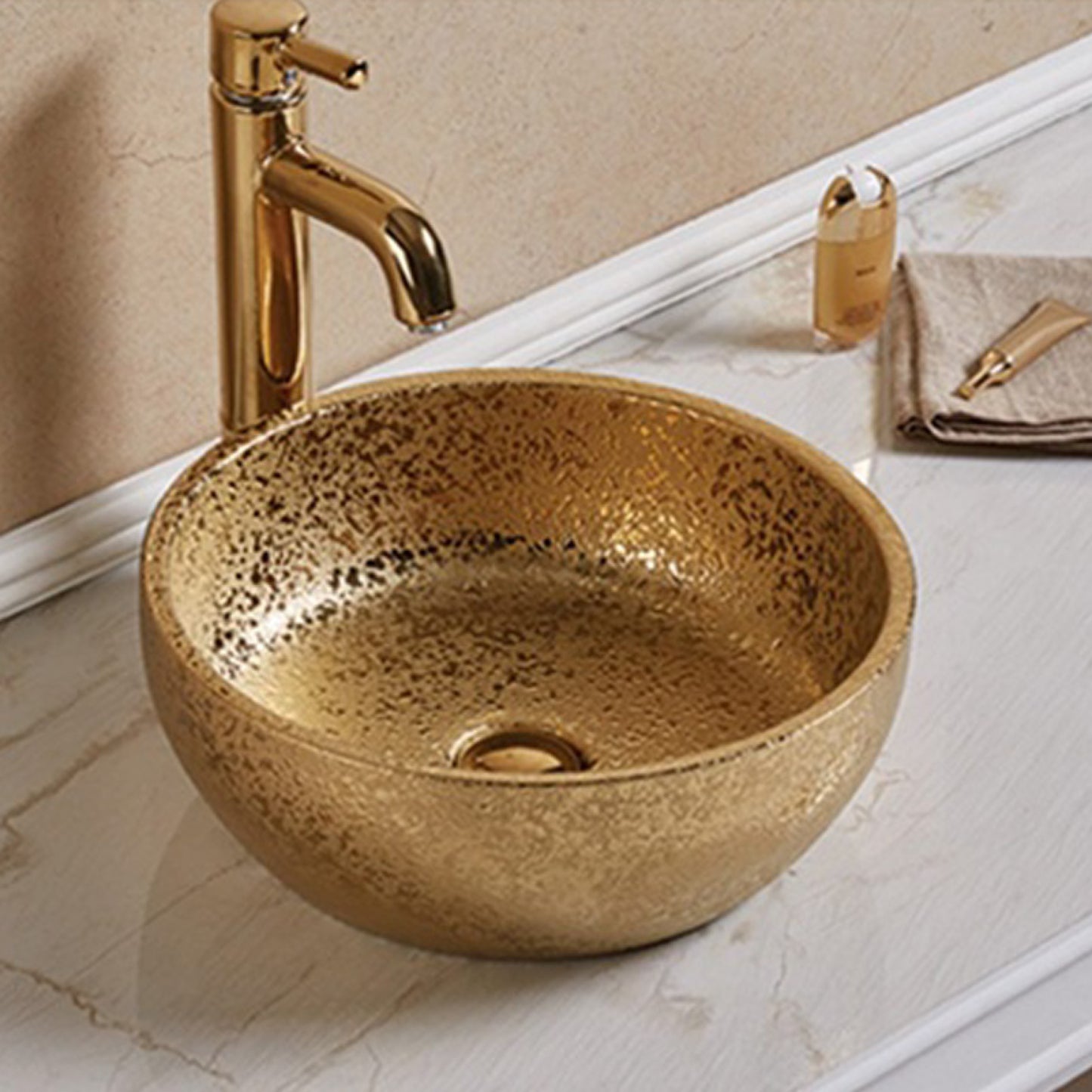 16.14-in. x 16.14-in. Round Bathroom Vessel Sink Gold Enamel Glaze