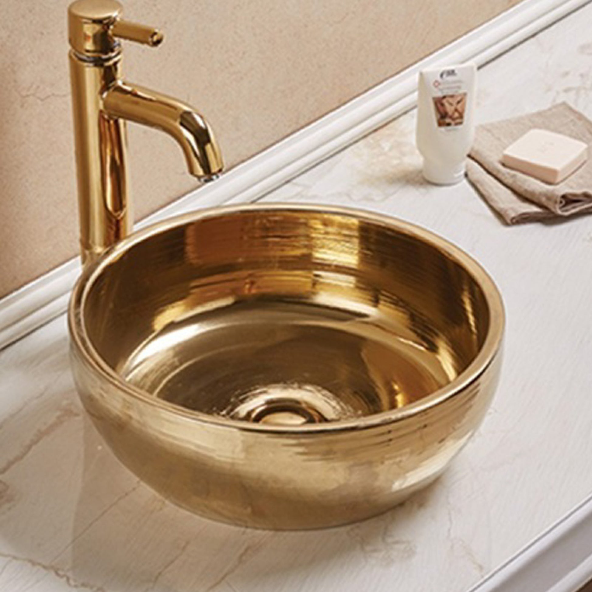 16.14-in. x 16.14-in. Round Bathroom Vessel Sink Gold Enamel Glaze