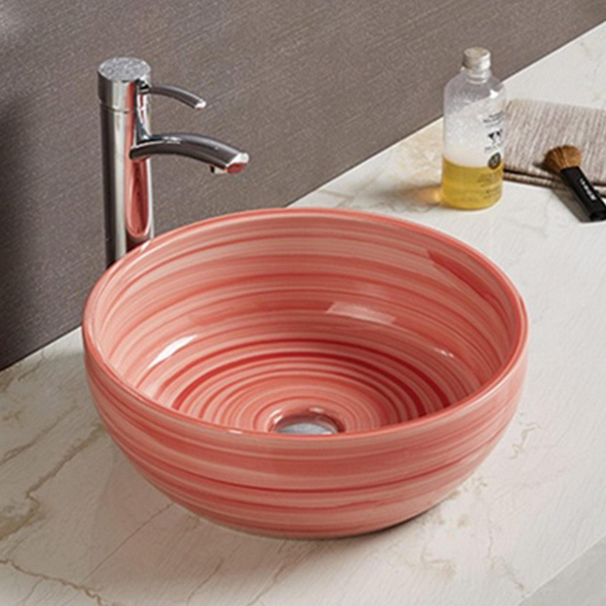 16.14-in. x 16.14-in. Round Bathroom Vessel Sink Red Swirl Enamel Glaze