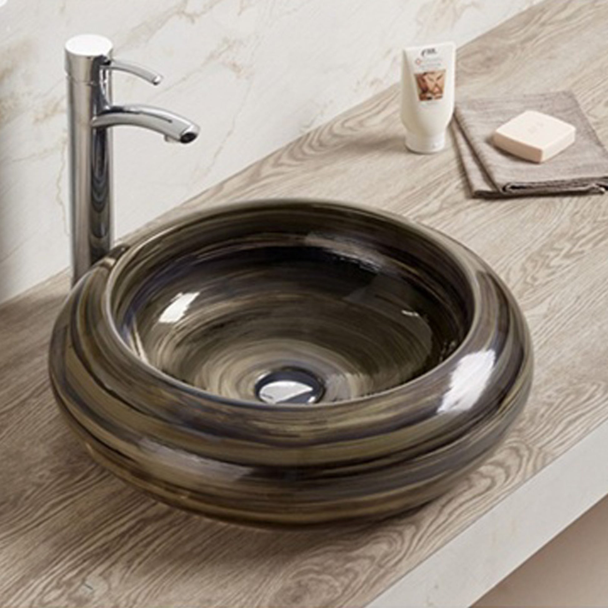 19.3-in. x 19.3-in. Round Bathroom Vessel Sink Black Swirl Enamel Glaze