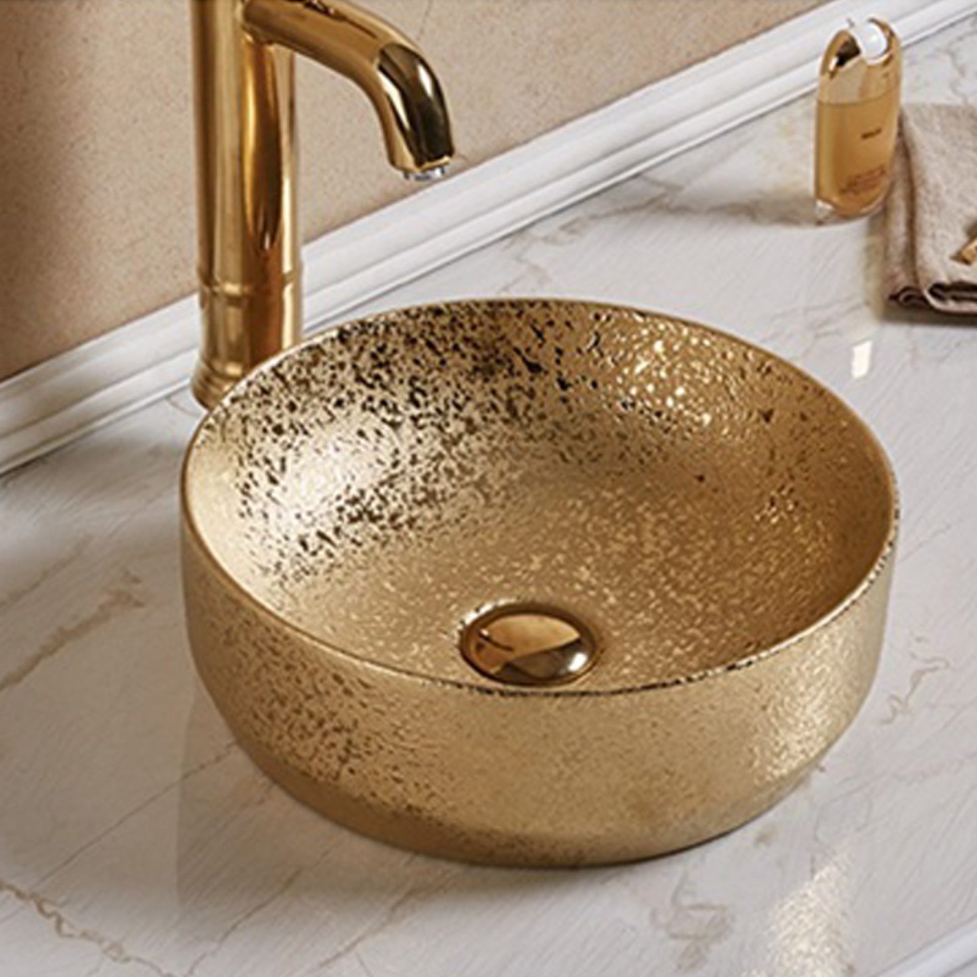 13.98-in. x 13.98-in. Round Bathroom Vessel Sink Gold Enamel Glaze