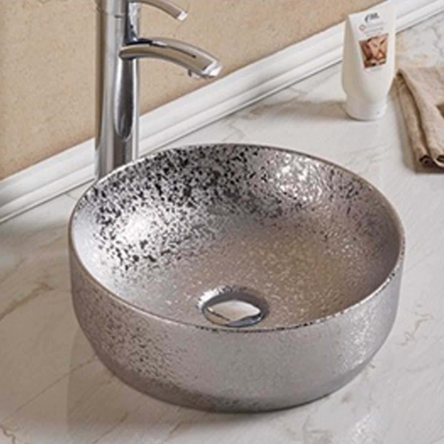 13.98-in. x 13.98-in. Round Bathroom Vessel Sink Silver Enamel Glaze