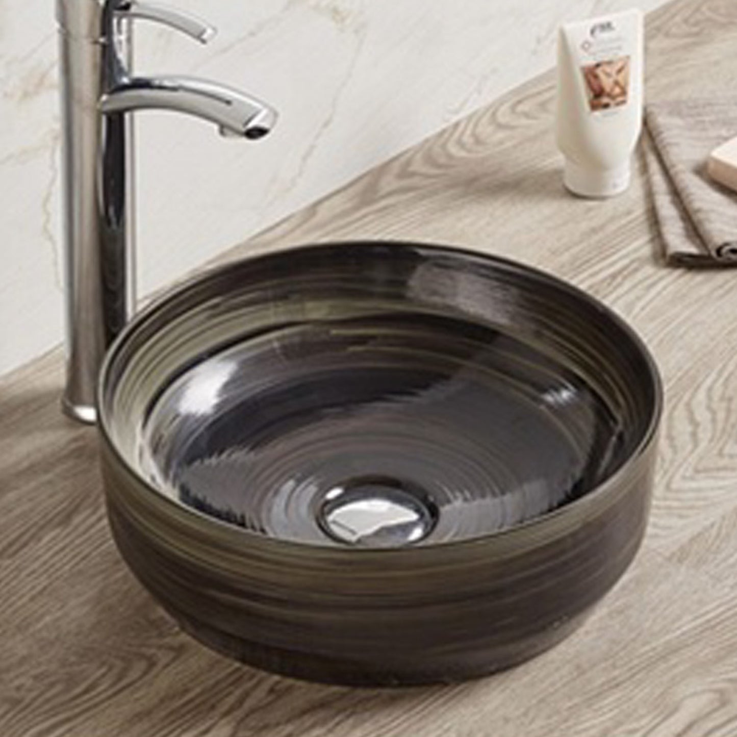 13.98-in. x 13.98-in. Round Bathroom Vessel Sink Black Swirl Enamel Glaze