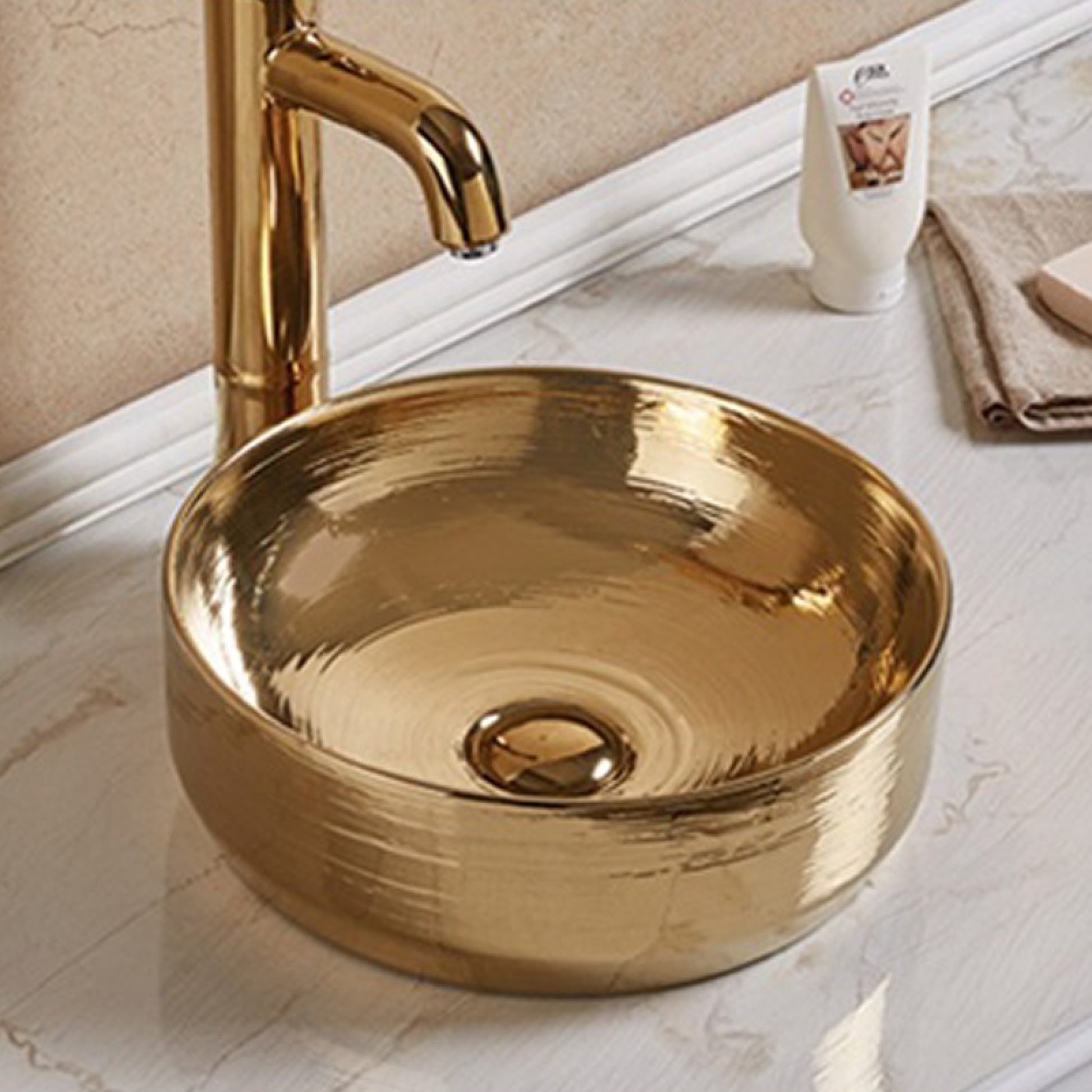 13.89-in. x 13.89-in. Round Bathroom Vessel Sink Gold Enamel Glaze