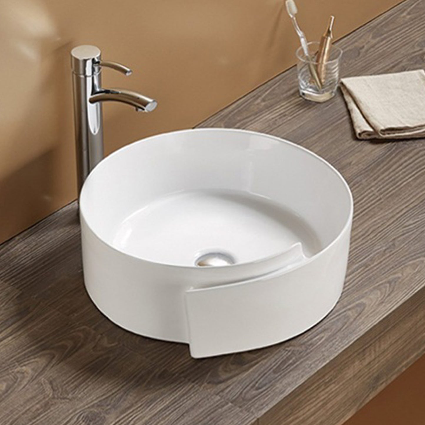 17.32-in. x 17.32-in. Round Bathroom Vessel Sink White Enamel Glaze