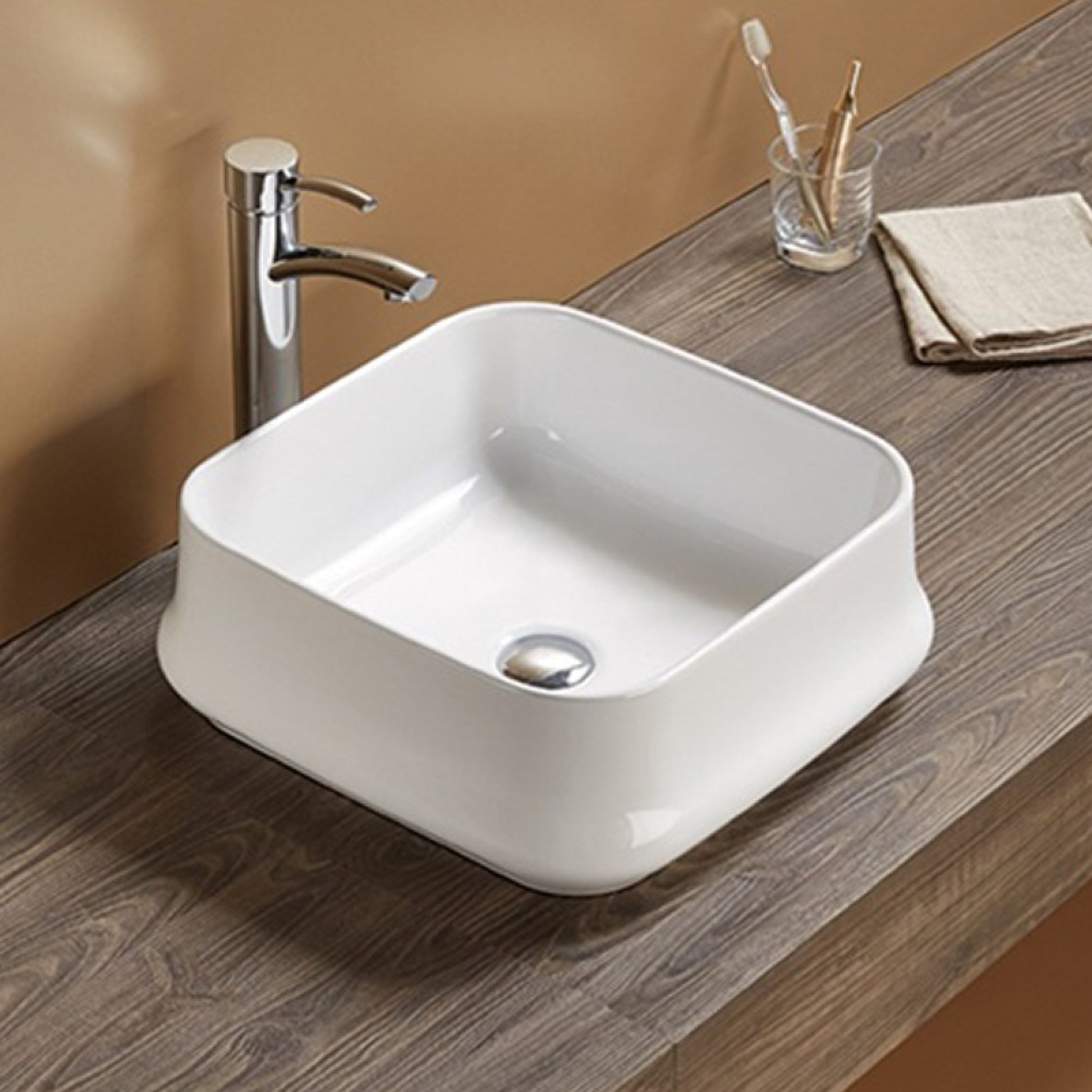 16.93-in. x 16.93-in. Square Bathroom Vessel Sink White Enamel Glaze