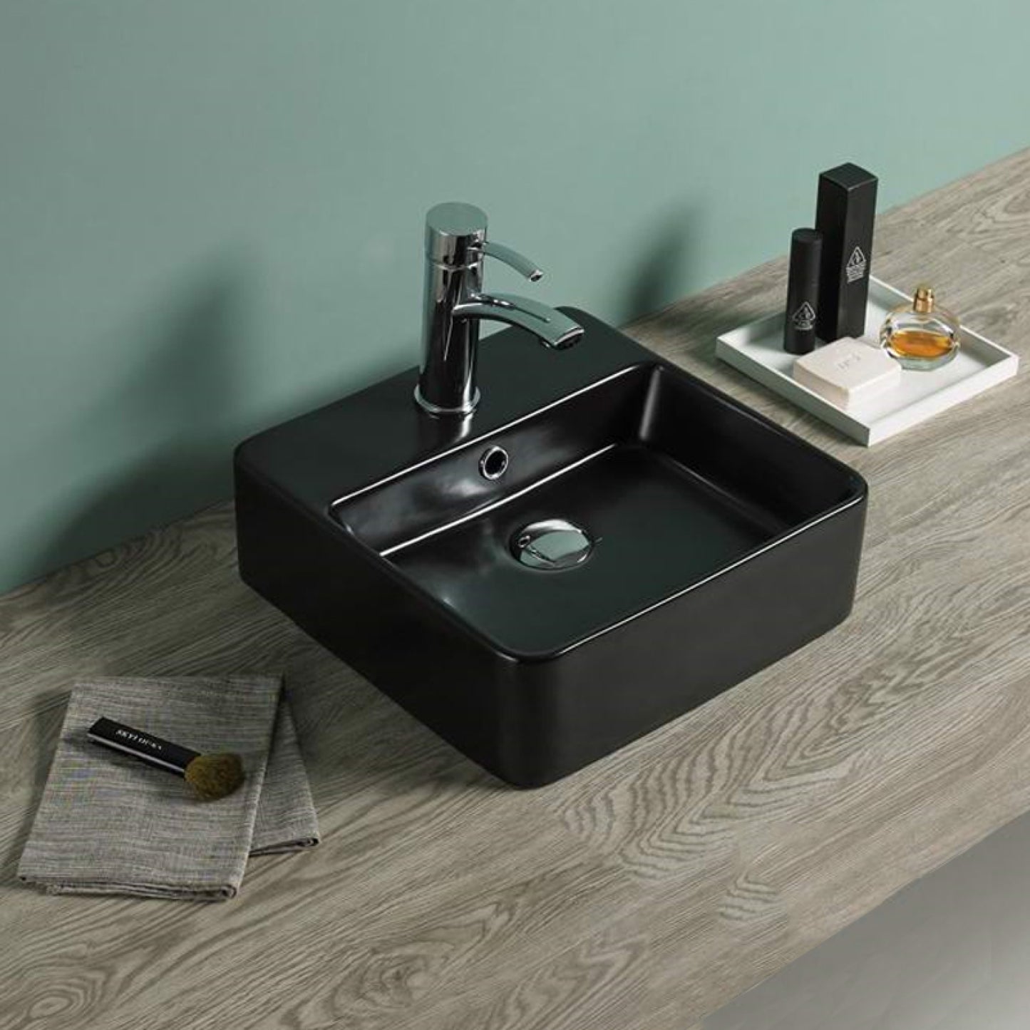 16-in. x 16-in. Square Bathroom Vessel Sink Black Enamel Glaze