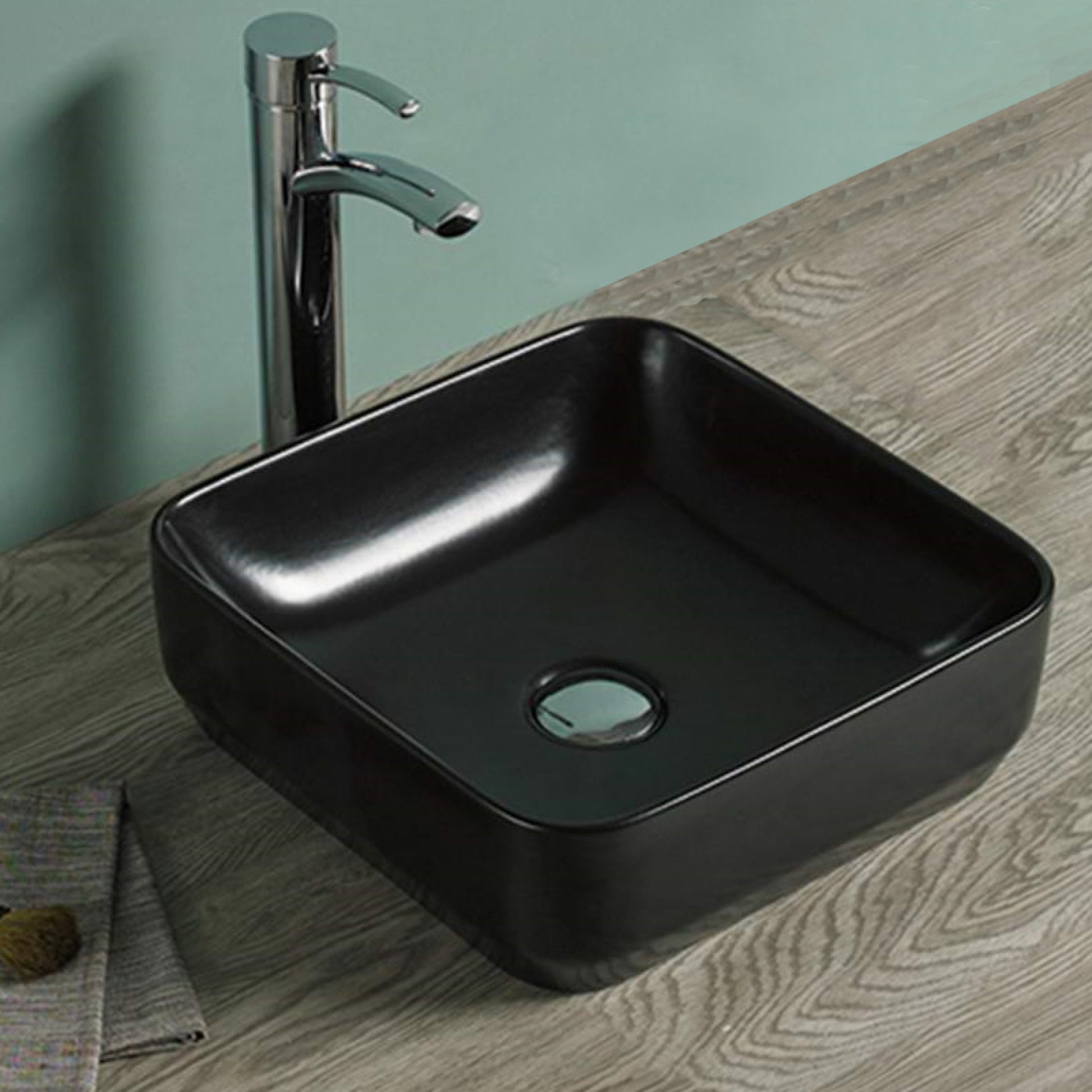 14.2-in. x 14.2-in. Square Bathroom Vessel Sink Black Enamel Glaze