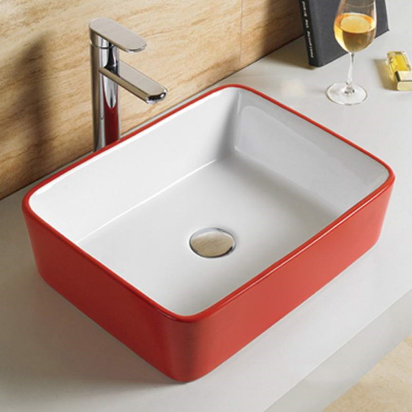 18.9-in. x 14.6-in. Rectangle Bathroom Vessel Sink Red-White Enamel Glaze