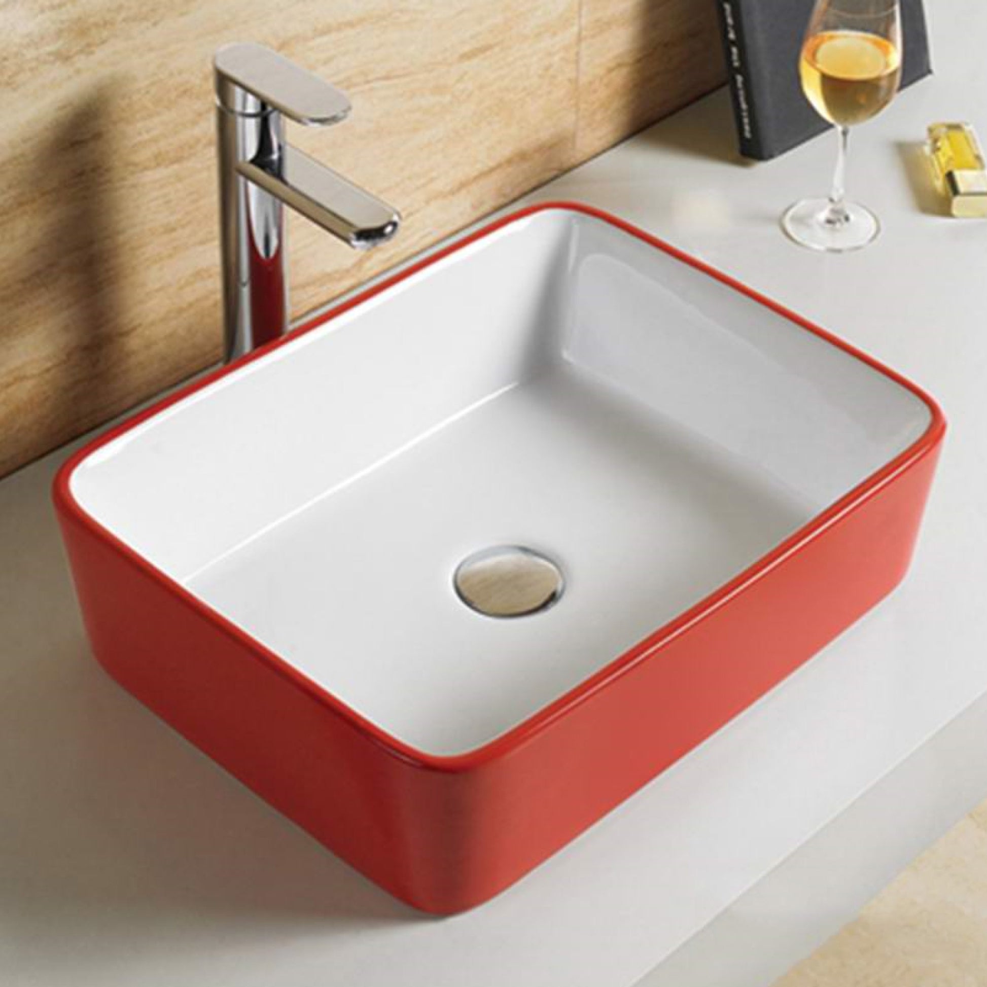 18.9-in. x 14.6-in. Rectangle Bathroom Vessel Sink Red-White Enamel Glaze