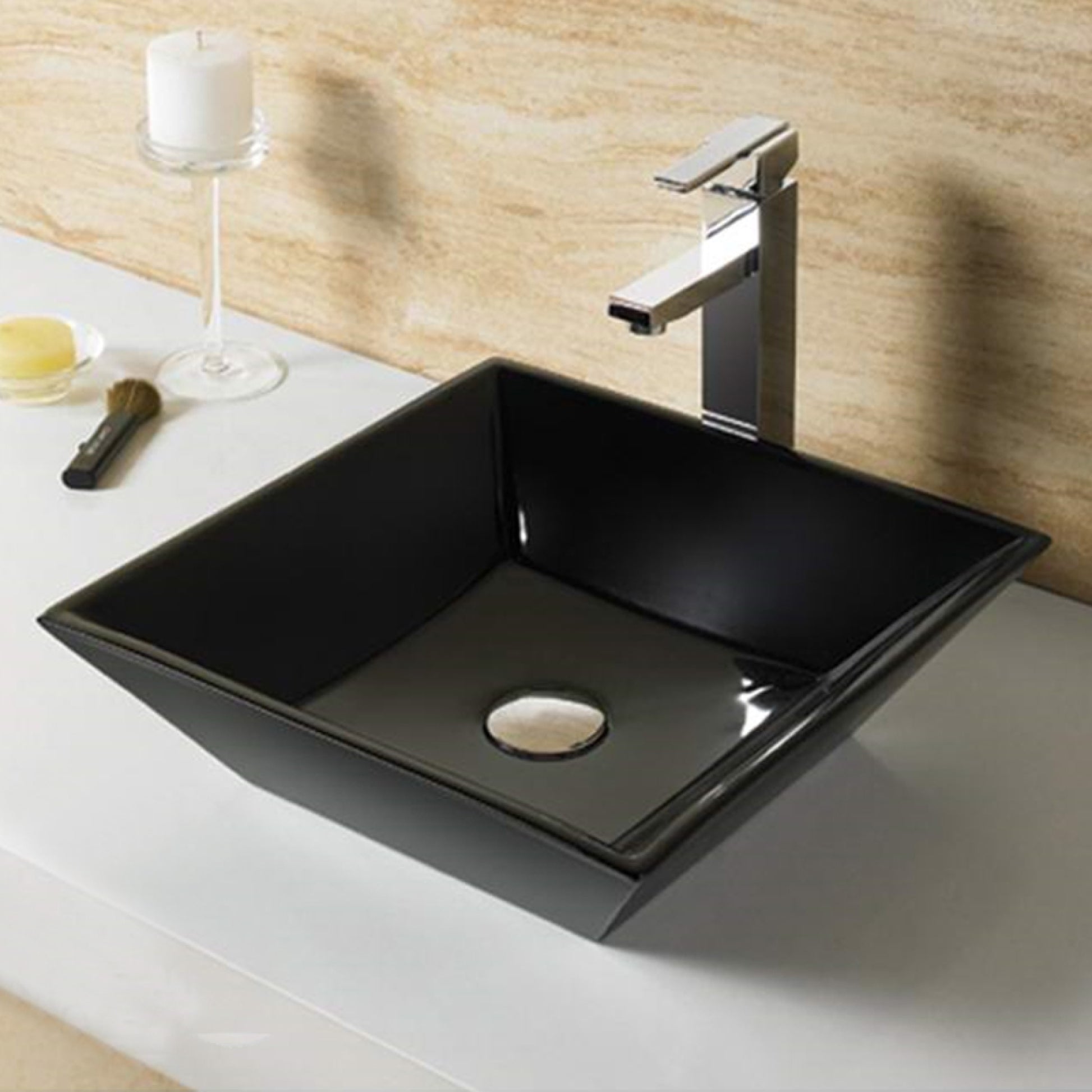 16.1-in. x 16.1-in. Square Bathroom Vessel Sink Black Enamel Glaze
