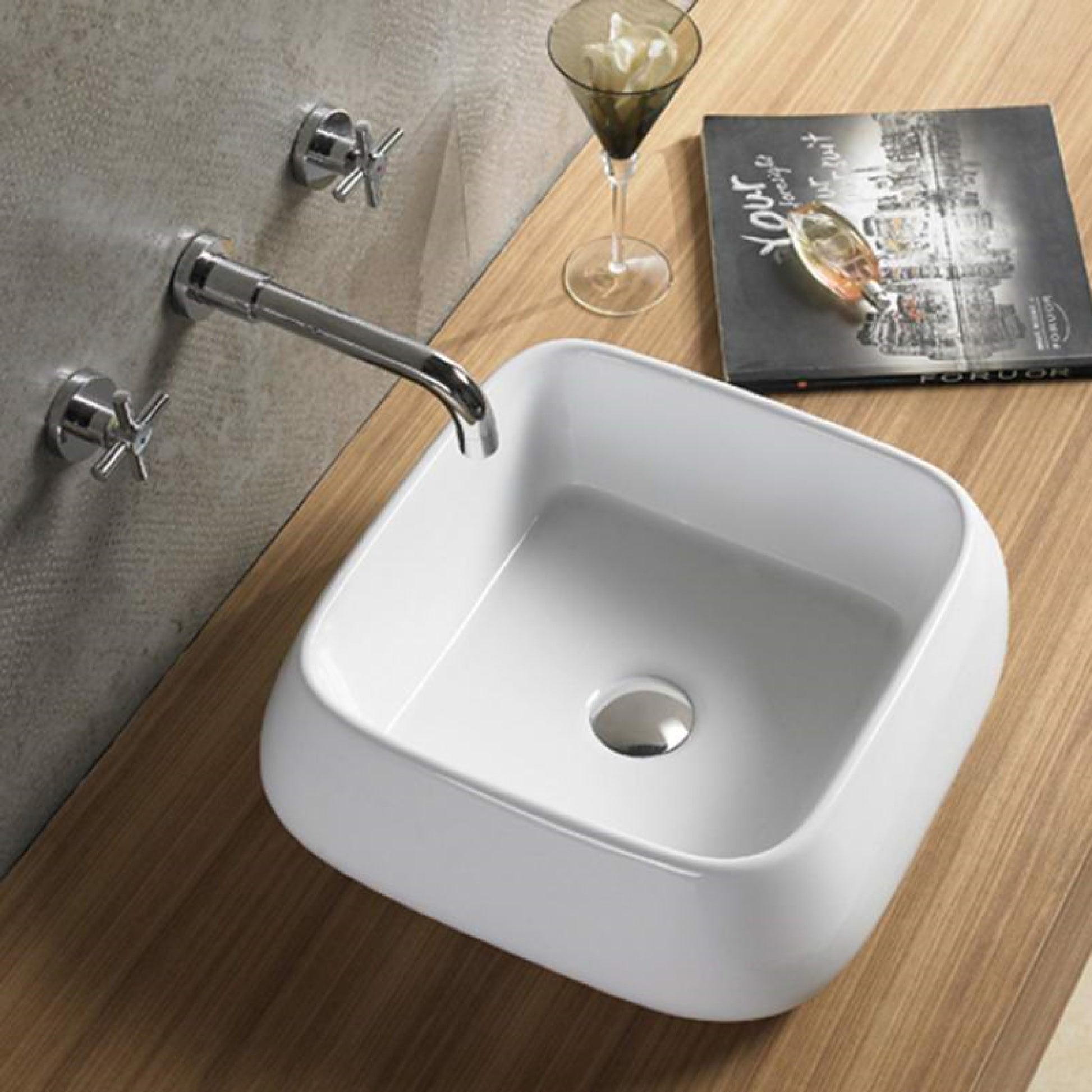 16.14-in. x 16.14-in. Square Bathroom Vessel Sink White Enamel Glaze