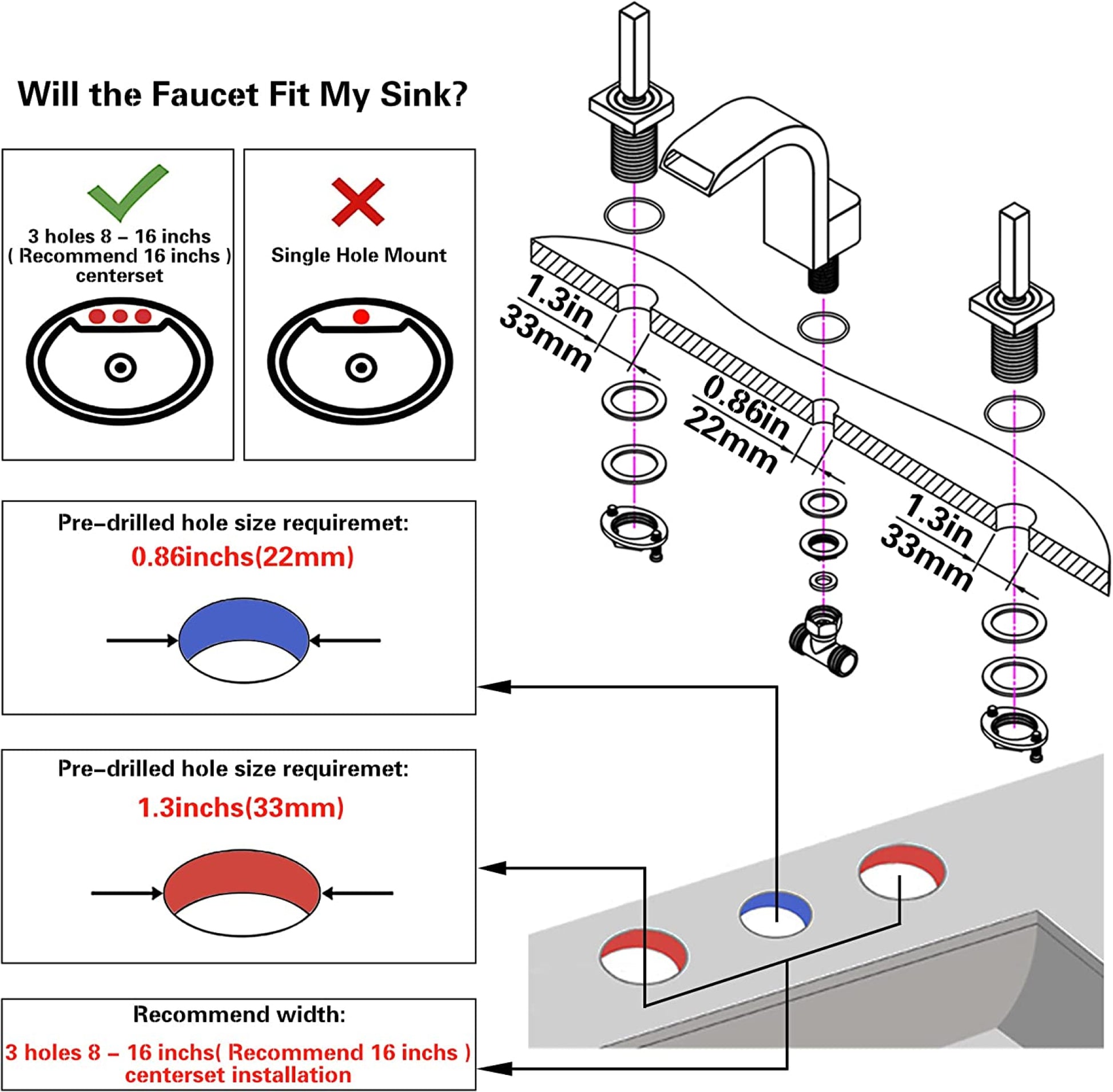 3H8-in.  White Bathroom Sink Faucet White Brass
