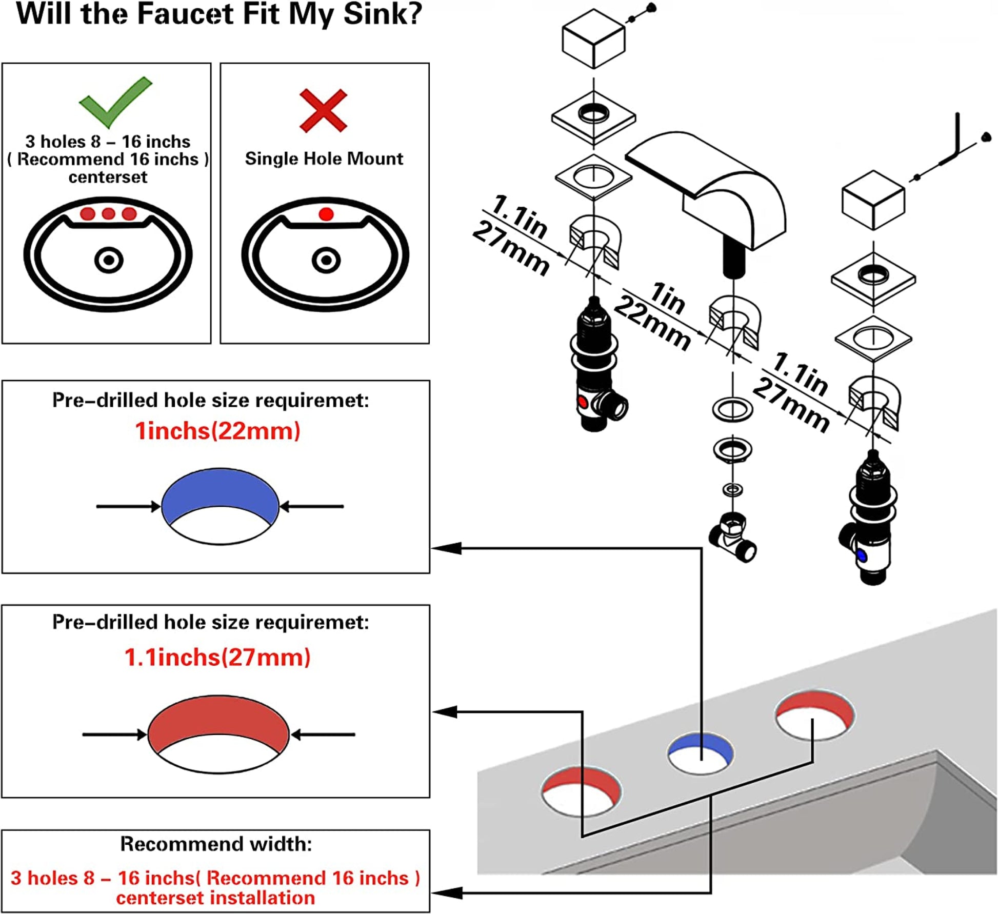 3H8-in.  Chrome Bathroom Sink Faucet Chrome Brass