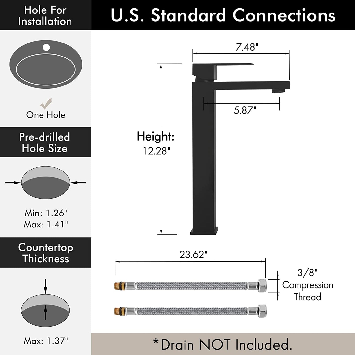 1 Hole CUPC Brushed Bathroom Sink Faucet Black Stainless Steel