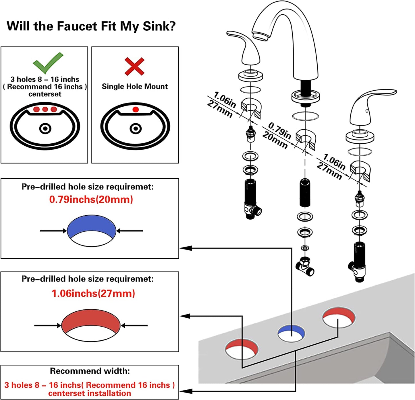 3H8-in.  Chrome Bathroom Sink Faucet Chrome Brass