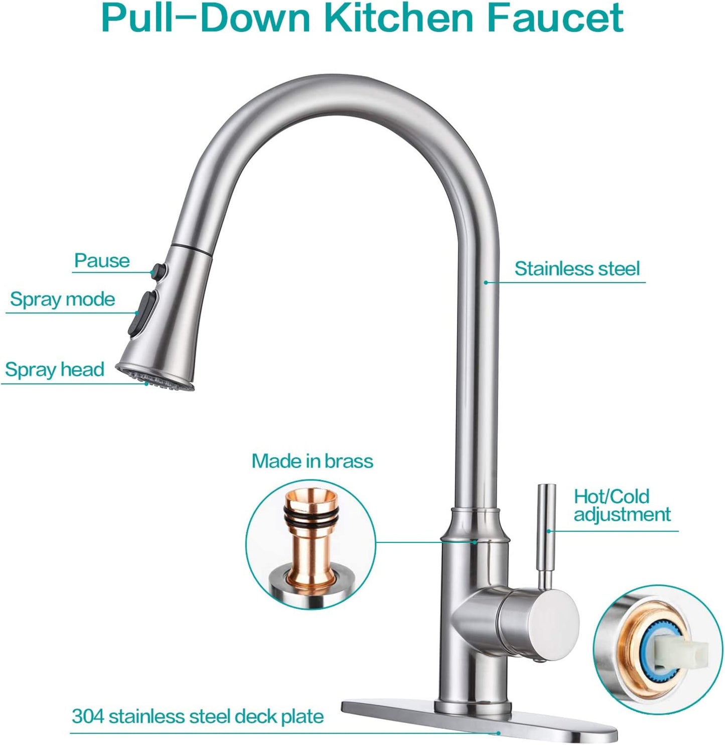 1 Hole  Brushed Kitchen Sink Faucet Brushed Nickel Stainless Steel