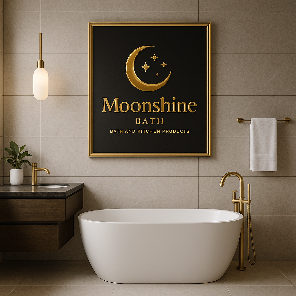 Bathroom interior with a Moonshine Bath sign on the wall, featuring a white freestanding bathtub and gold fixtures.
